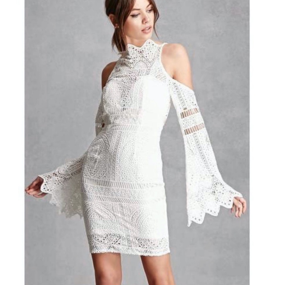 White Lace Bell Sleeve Dress